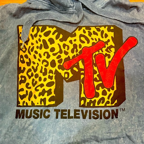 MTV Music Television blue cropped hoodie with animal leopard print logo Sz. M - Picture 4 of 6